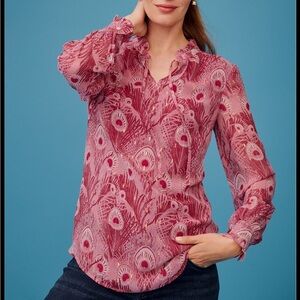 Talbots Women Pink Peacock Feathers Top Ruffle Blouse Size L